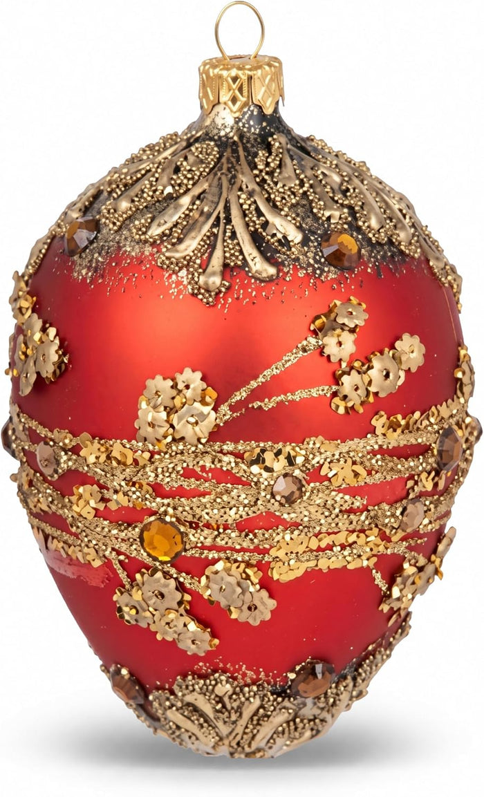 Faberge Egg Hand Blown Glass Christmas Ornaments Balls Red Matte 5 in