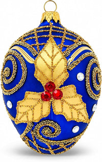 Faberge Egg Hand Blown Glass Christmas Ornaments Balls Sapphire Matte 5 in