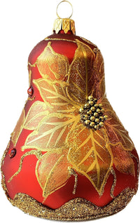 Hand Blown Glass Christmas Bells Ornaments, Poinsettia Red 4 in