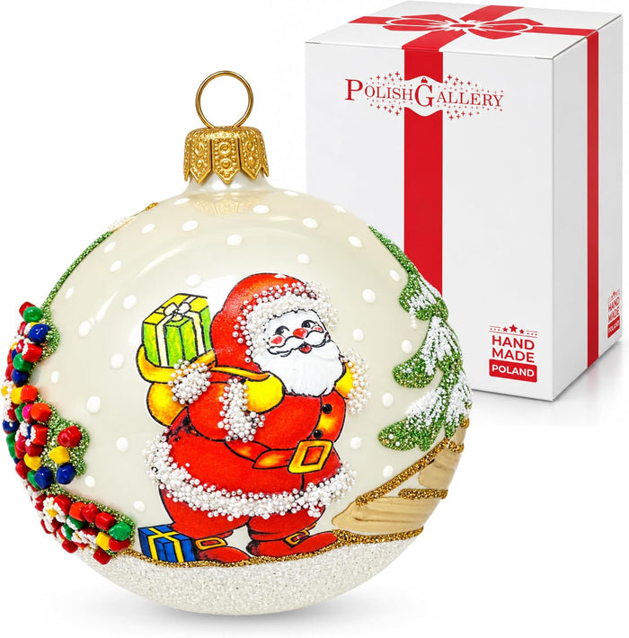 Polish Hand Blown Glass Christmas Ornaments Ball, Santa Claus Gold 3 in
