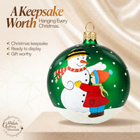 Hand Blown Glass Christmas Ornaments Ball, Snowman & Child Green 3 in - image 8
