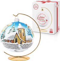 Hand Blown Glass Christmas Ornaments Ball, Chapel Blue 6 in + Stand