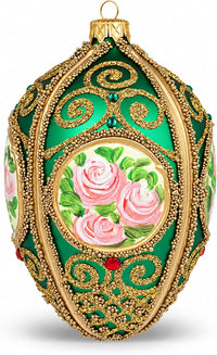 Faberge Egg Hand Blown Glass Christmas Ornaments Balls Green Matte 5 in