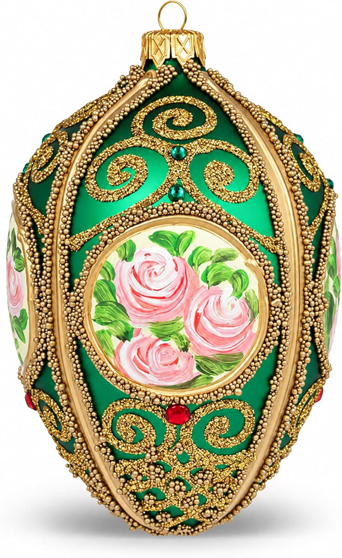 Faberge Egg Hand Blown Glass Christmas Ornaments Balls Green Matte 5 in