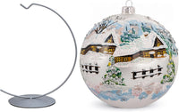 Hand Blown Glass Christmas Ornaments Ball, Blast White 6 in + Stand