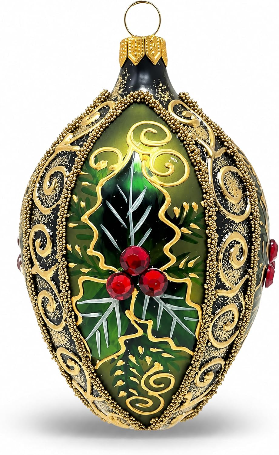 Faberge Egg Hand Blown Glass Christmas Ornaments Balls Olive Green 5 in