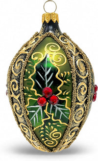 Faberge Egg Hand Blown Glass Christmas Ornaments Balls Olive Green 5 in