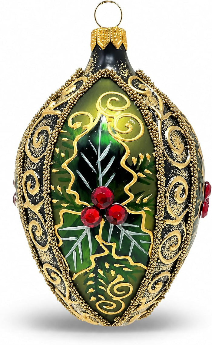 Faberge Egg Hand Blown Glass Christmas Ornaments Balls Olive Green 5 in
