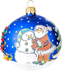 Hand Blown Glass Christmas Ornaments Ball, Santa & Snowman Navy Blue 3 in