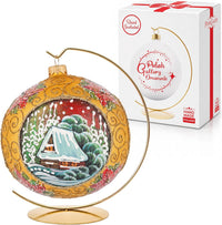 Hand Blown Glass Christmas Ornaments Ball, Blast Poinsettia 6 in + Stand