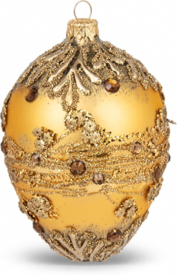 Faberge Egg Hand Blown Glass Christmas Ornaments Balls Gold Matte 5 in