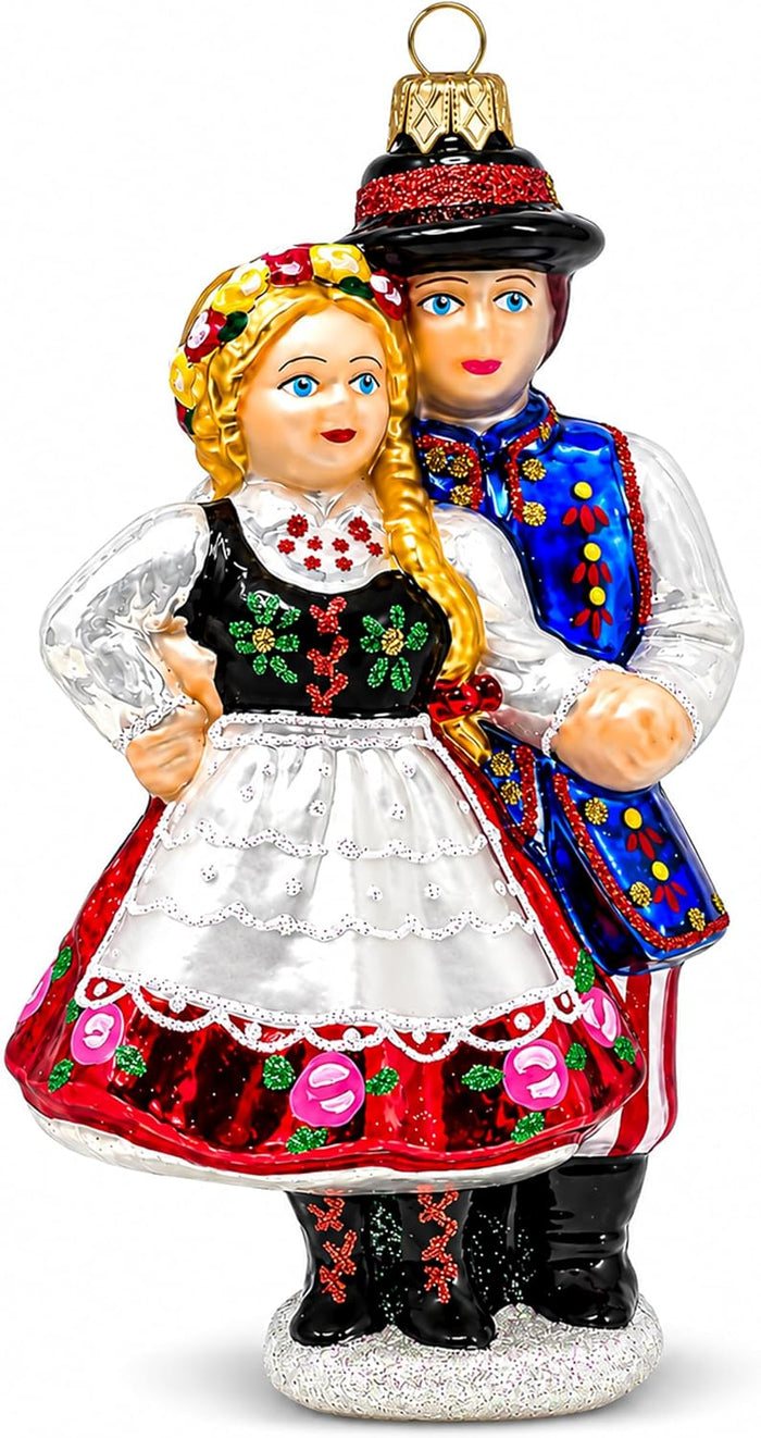 Polish Hand Blown Glass Christmas Ornaments, Couple Dancing Krakowiak 7 in