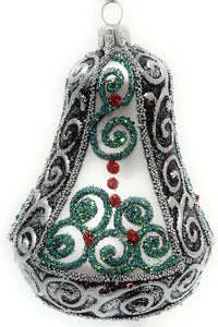 Hand Blown Glass Christmas Bells Ornaments, Silver Embellished 4 in - image 7