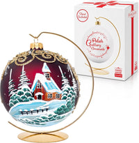 Hand Blown Glass Christmas Ornaments Ball, Winter Dusk Burgundy 6in + Stand