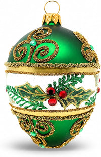 Faberge Egg Hand Blown Glass Christmas Ornaments Balls Green Matte 5 in