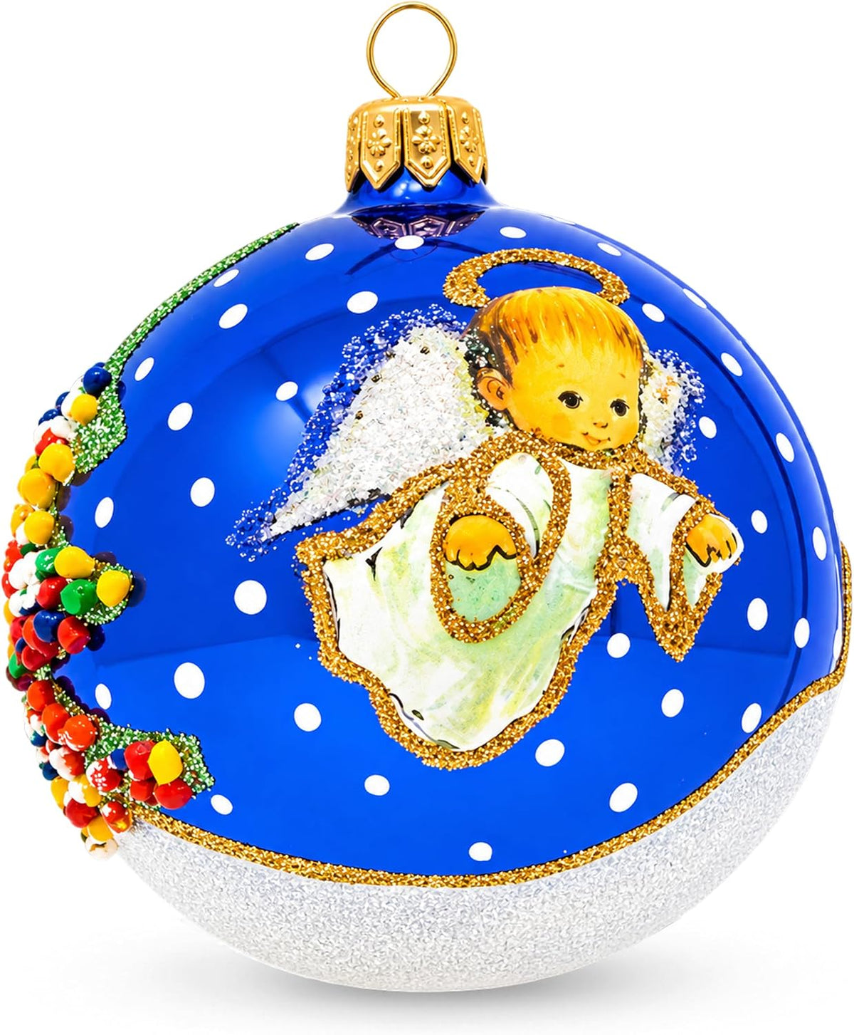 Christmas Ornament, Angel with House and Holiday Tree, Blown Glass Ball 3-inch (Navy Gloss