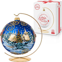 Hand Blown Glass Christmas Ornaments Ball, Blast Navy 6 in + Stand