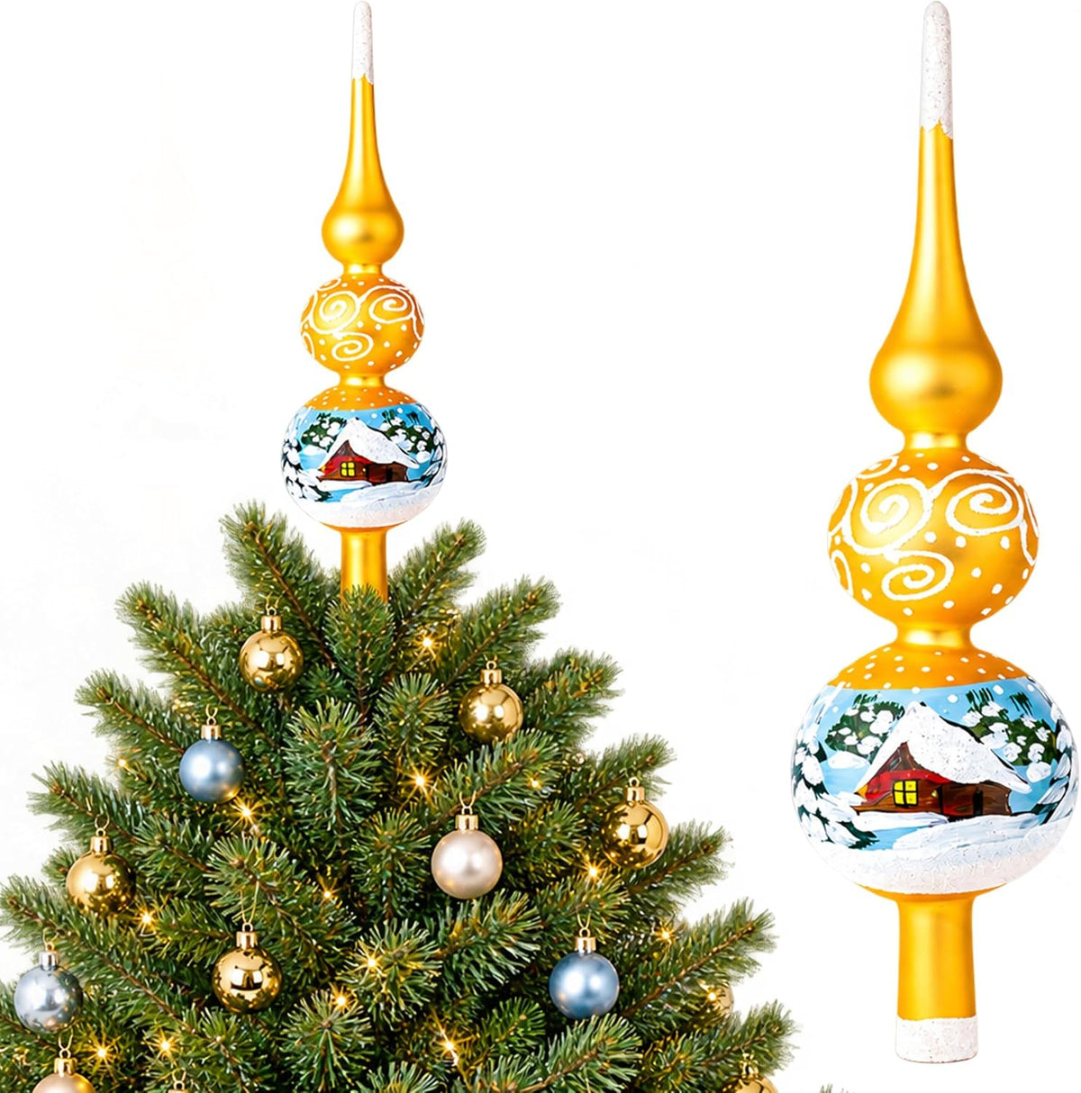 Finial Glass Christmas Vintage Tree Topper, Gold Swirl 12 in