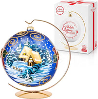 Hand Blown Glass Christmas Ornaments Ball, Wintry Navy 6 in + Stand