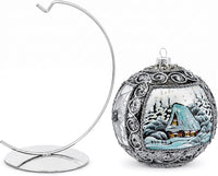 Hand Blown Glass Christmas Ornaments Ball, Winter Charm Silver 6 in + Stand