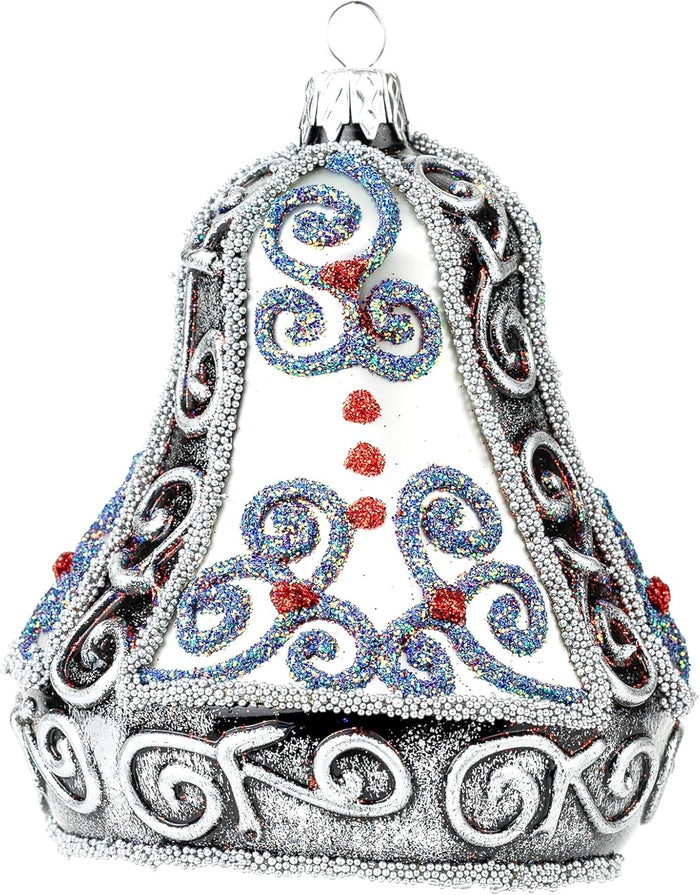 Hand Blown Glass Christmas Bells Ornaments, Silver Embellished 4 in