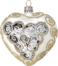Hand Blown Glass Christmas Heart Ornaments, Royal Silver 4 in