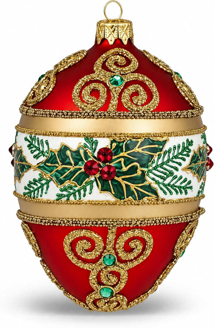 Faberge Egg Hand Blown Glass Christmas Ornaments Balls Red Matte 5 in