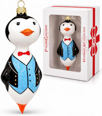Penguin Glass Christmas Ornaments Balls Hand Blown Black Tie 5.25 in