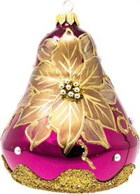 Hand Blown Glass Christmas Bells Ornaments, Poinsettia Burgundy 4 in