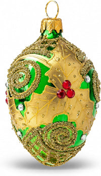 Faberge Egg Hand Blown Glass Christmas Ornaments Balls Green Gloss 5 in