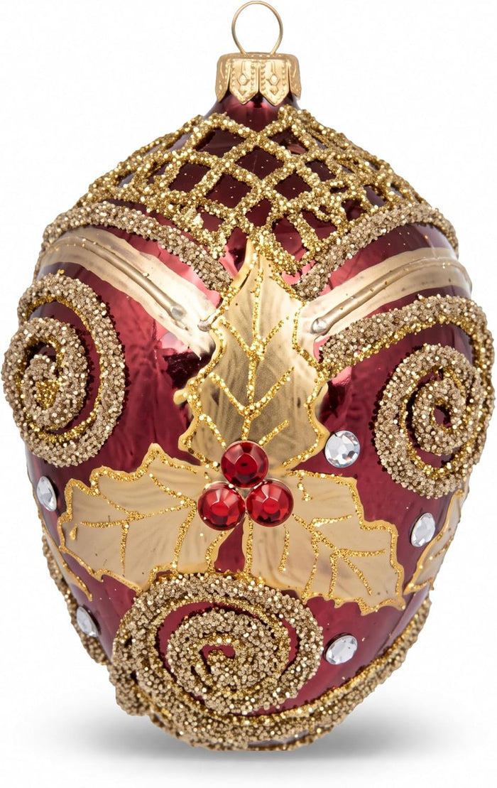 Faberge Egg Hand Blown Glass Christmas Ornaments Balls Burgundy Gloss 5 in