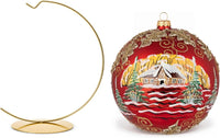 Hand Blown Glass Christmas Ornaments Ball, Gilded Mistletoe Red 8in + Stand