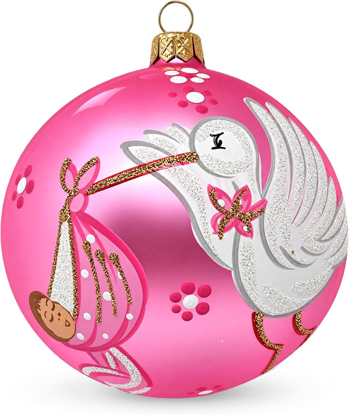 Hand Blown Glass Christmas Ornaments Ball, Baby's 1st Christmas Pink 5 in