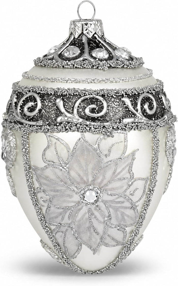 Faberge Egg Hand Blown Glass Christmas Ornaments Balls Silver 5 in