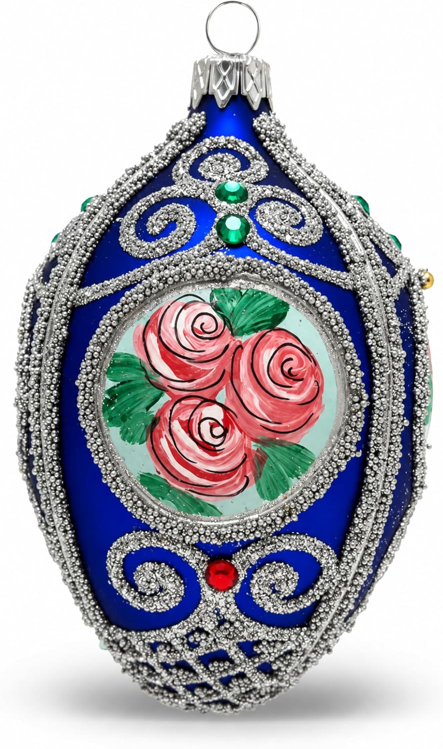 Faberge Egg Hand Blown Glass Christmas Ornaments Balls Sapphire Matte 5 in