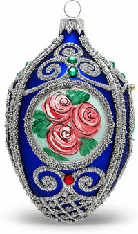 Faberge Egg Hand Blown Glass Christmas Ornaments Balls Sapphire Matte 5 in