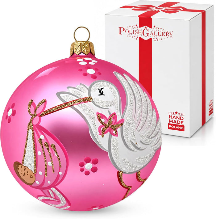 Hand Blown Glass Christmas Ornaments Ball, Baby's 1st Christmas Pink 5 in