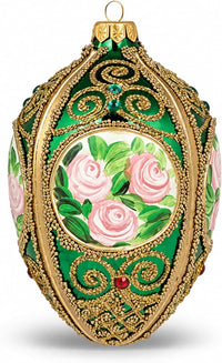 Faberge Egg Hand Blown Glass Christmas Ornaments Balls Green Gloss 5 in
