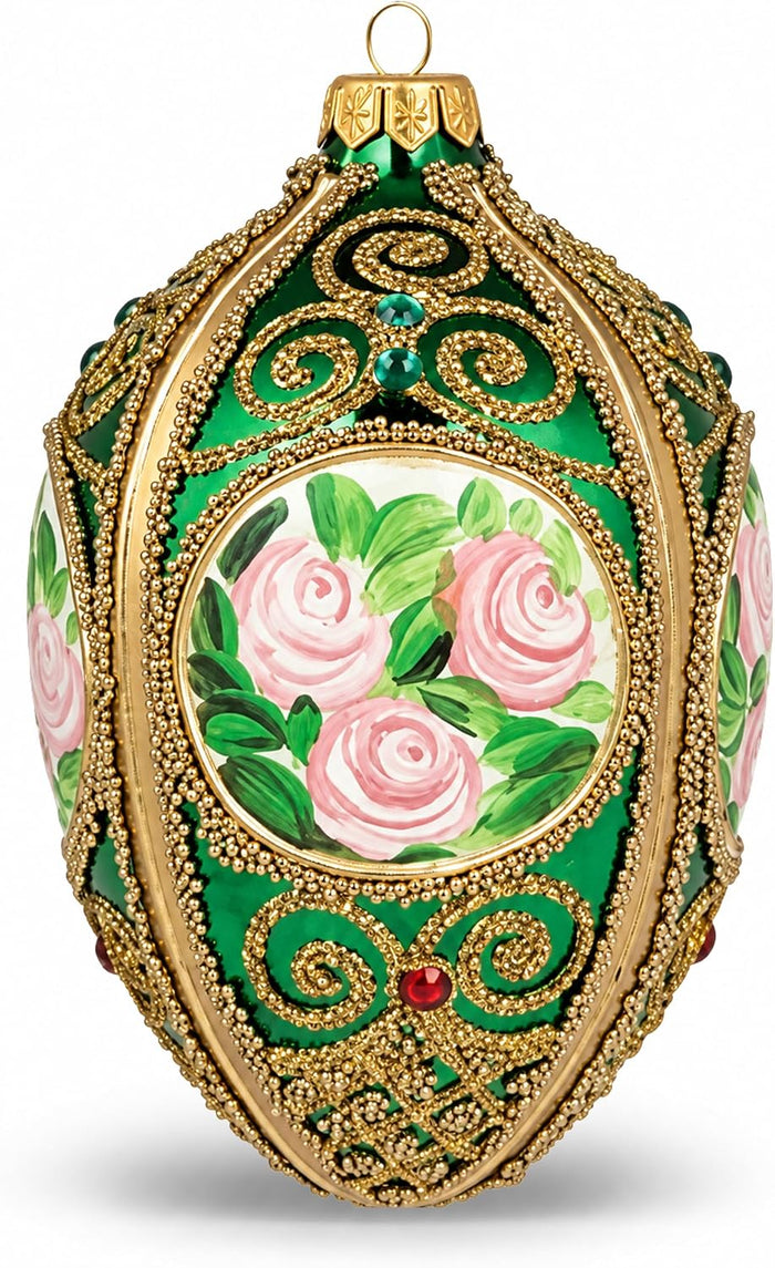 Faberge Egg Hand Blown Glass Christmas Ornaments Balls Green Gloss 5 in