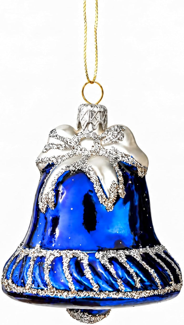 Mini Glass Christmas Ornaments Ball Hand Blown, Blue Jingle Bell 2 in