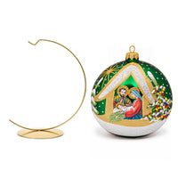 Polish Hand Blown Glass Christmas Ornaments Ball Nativity Green + Stand