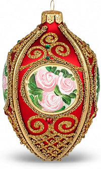 Faberge Egg Hand Blown Glass Christmas Ornaments Balls Red Matte 5 in