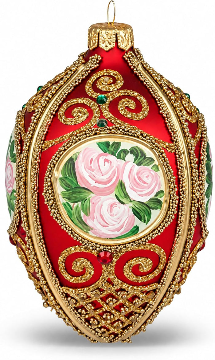 Faberge Egg Hand Blown Glass Christmas Ornaments Balls Red Matte 5 in
