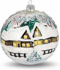 Hand Blown Glass Ball Christmas Ornament, 5 in, Cottage Houses White