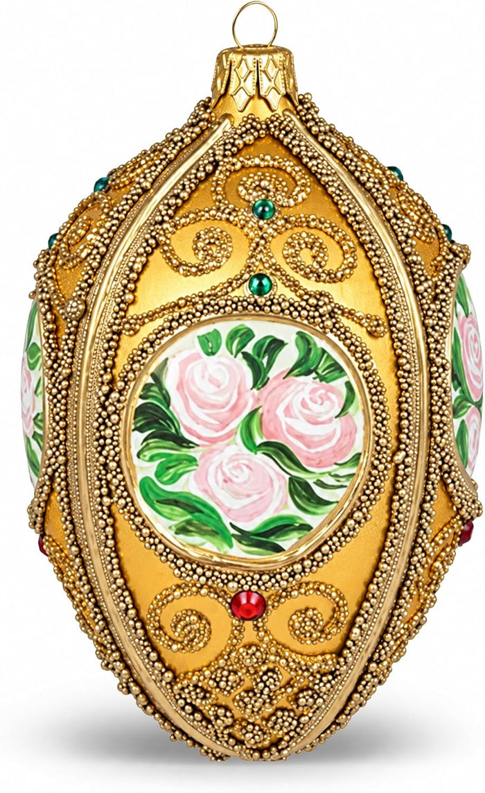 Faberge Egg Hand Blown Glass Christmas Ornaments Balls Gold 5 in