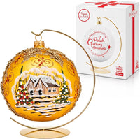 Hand Blown Glass Christmas Ornaments Ball, Blast Gold 6 in + Stand