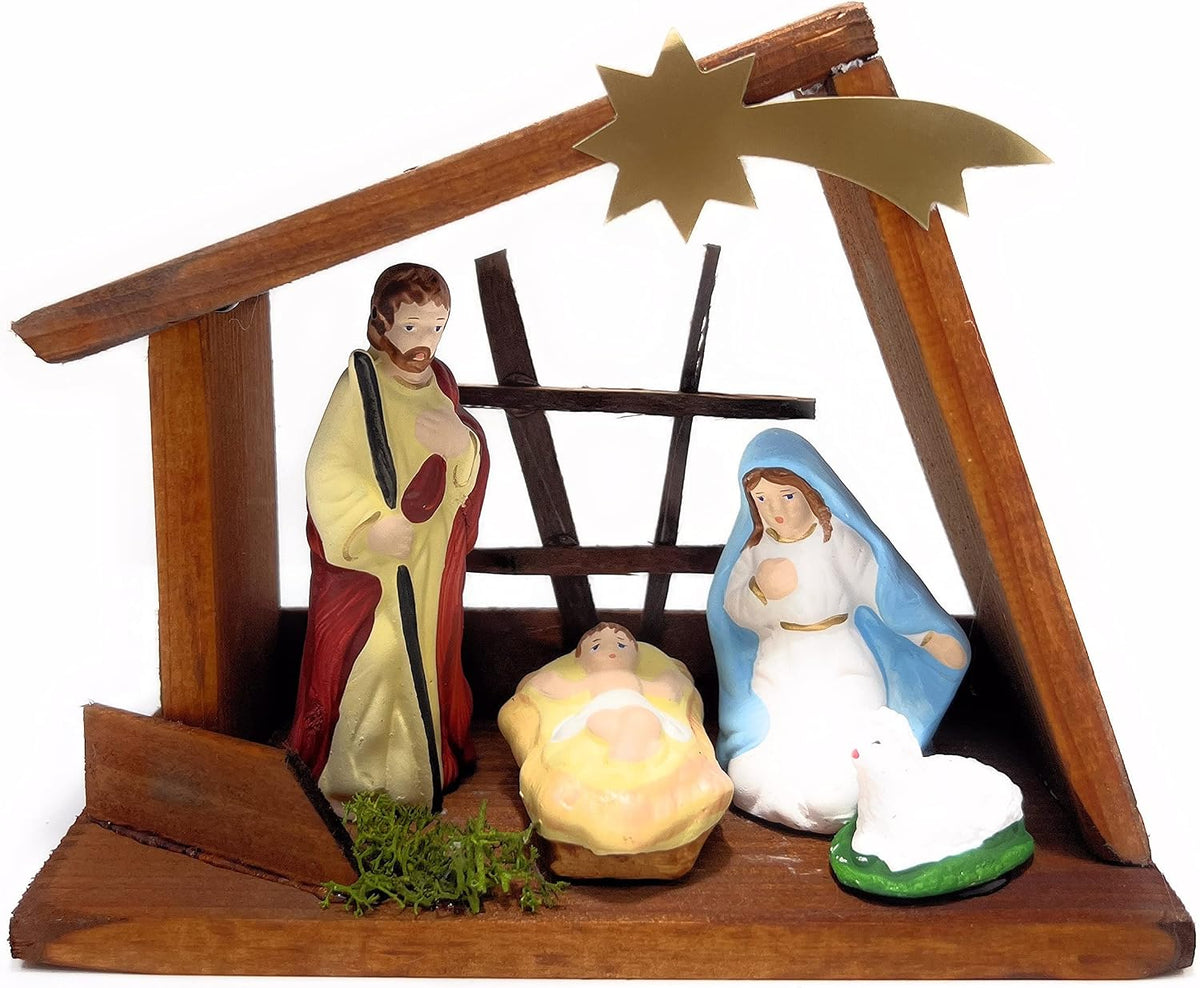 Wooden Nativity Set Figures Indoor Scene with Holy Family Stable Brown