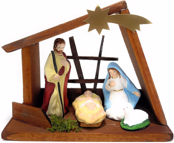 Wooden Nativity Set Figures Indoor Scene with Holy Family Stable Brown