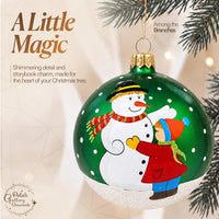 Hand Blown Glass Christmas Ornaments Ball, Snowman & Child Green 3 in - image 4
