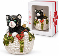 Cat Glass Christmas Ornaments Balls Hand Blown in a Basket 4 in